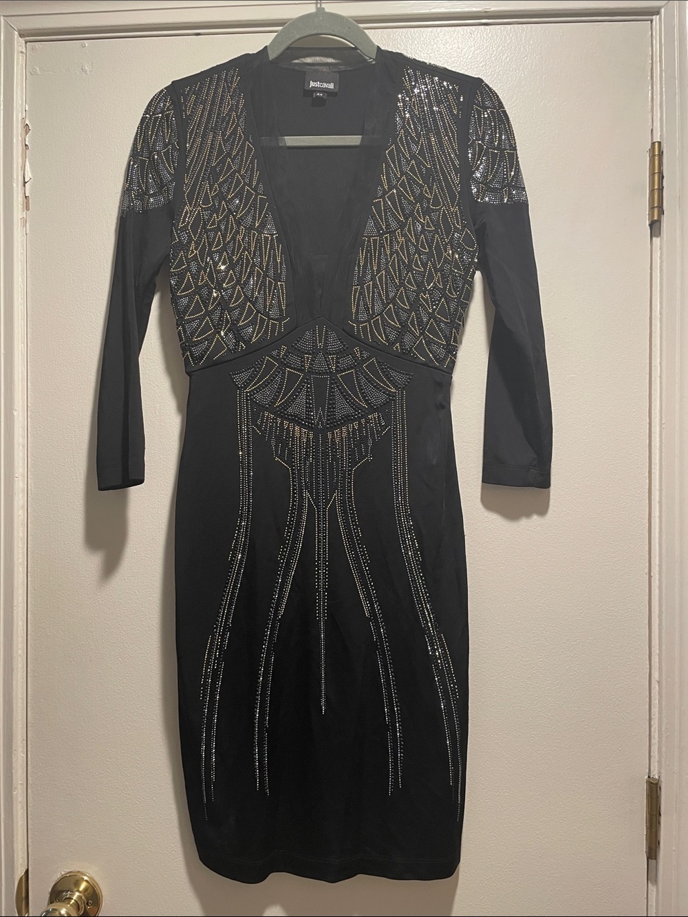 Just Cavalli Black Studded Design Dress Gold & Silver Geometric Sequin Size 8